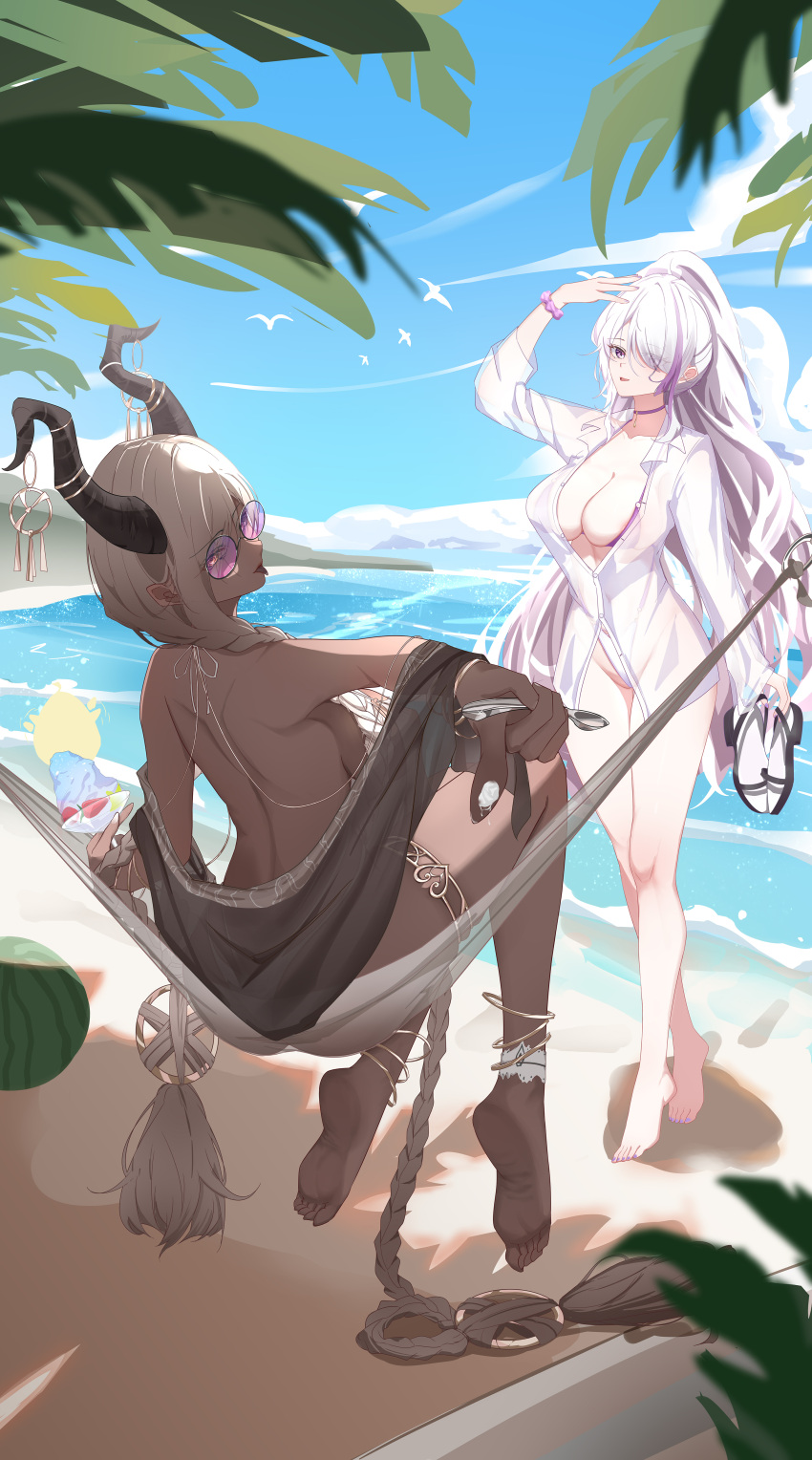 2girls absurdly_long_hair absurdres ankle_strap azur_lane beach bespectacled bikini bird blue_sky braid breasts brown_horns brown_sarong chinese_commentary choker cleavage cloud cocktail_glass collarbone commentary_request cup dark-skinned_female dark_skin day drinking_glass food food_on_hand fruit full_body glasses gokusaishouku gold hair_between_thighs hair_over_breasts hair_over_one_breast hair_over_one_eye hammock highres holding holding_cup holding_sandals holding_spoon horn_ornament horns jewelry large_breasts large_horns long_hair long_sleeves looking_at_viewer looking_back low-braided_long_hair low-tied_long_hair low_twin_braids manjuu_(azur_lane) multi-strapped_swimsuit multicolored_hair multiple_girls official_alternate_costume one-piece_swimsuit outdoors outstretched_arm owari_(azur_lane) owari_(shimmering_forsythia)_(azur_lane) palm_leaf partially_unbuttoned purple-tinted_eyewear purple_bikini purple_choker purple_eyes purple_hair sand sandals sarong scrunchie see-through see-through_shirt see-through_silhouette shadow shirt sitting sky spoon standing strawberry_parfait streaked_hair summer swimsuit thighlet tinted_eyewear tongue tongue_out twin_braids two-tone_bikini two-tone_hair unworn_sandals unzen_(azur_lane) unzen_(sojourn_through_clear_seas)_(azur_lane) very_long_hair water watermelon white_bikini white_bird white_hair white_one-piece_swimsuit white_shirt wrist_scrunchie