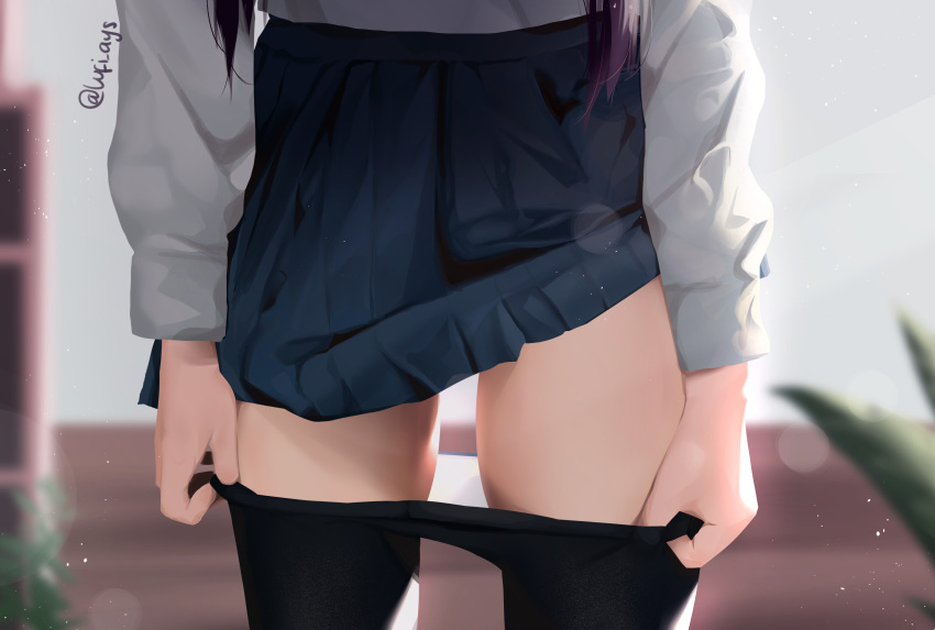 artist_name black_pantyhose blue_skirt clothes_lift clothes_pull english_commentary highres indoors light_particles long_hair long_sleeves lufi_ays miniskirt original panties panty_pull pantyhose pantyhose_pull plant pleated_skirt purple_hair school_uniform shirt skirt taking_off thigh_focus thighs underwear white_panties white_shirt