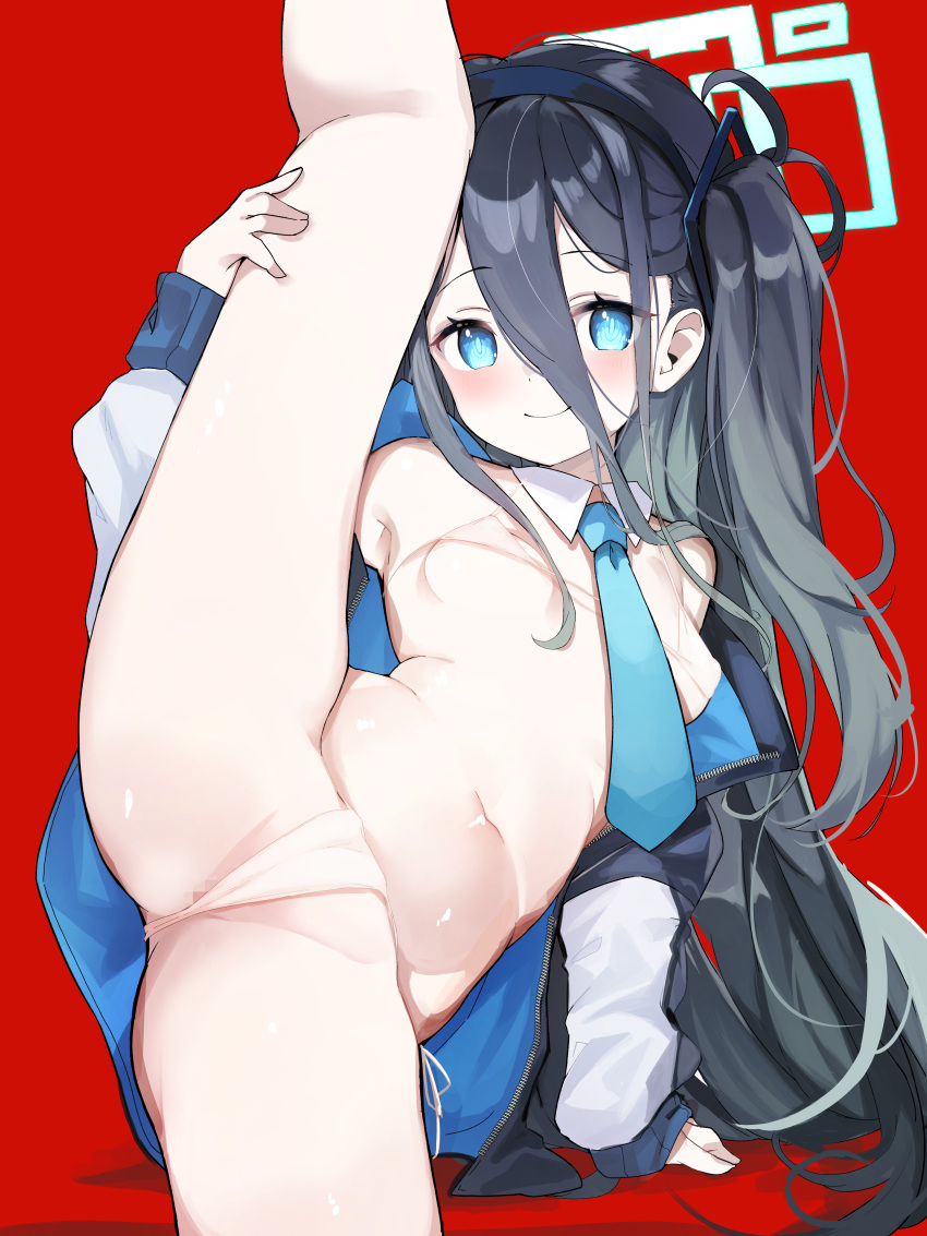 1girl absurdres aris_(blue_archive) bikini black_hair blue_archive blue_eyes blue_necktie blush breasts censored closed_mouth commentary_request cowboy_shot detached_collar hair_between_eyes halo highres jacket leg_lift leg_up long_bangs long_hair looking_at_viewer micro_bikini mosaic_censoring necktie open_clothes open_jacket red_background simple_background small_breasts smile solo split standing standing_on_one_leg standing_split swimsuit teranekosu variant_set very_long_hair white_bikini