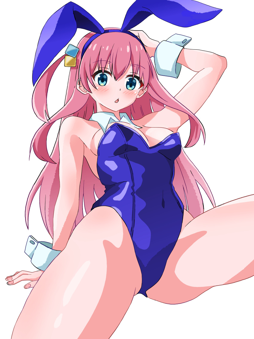 1girl absurdres amanotti_01 animal_ears anime_coloring bare_legs blue_eyes blue_leotard bocchi_the_rock! breasts covered_navel cube_hair_ornament detached_collar gotoh_hitori hair_ornament highres large_breasts leotard long_hair one_side_up pink_hair playboy_bunny rabbit_ears simple_background solo white_background wrist_cuffs