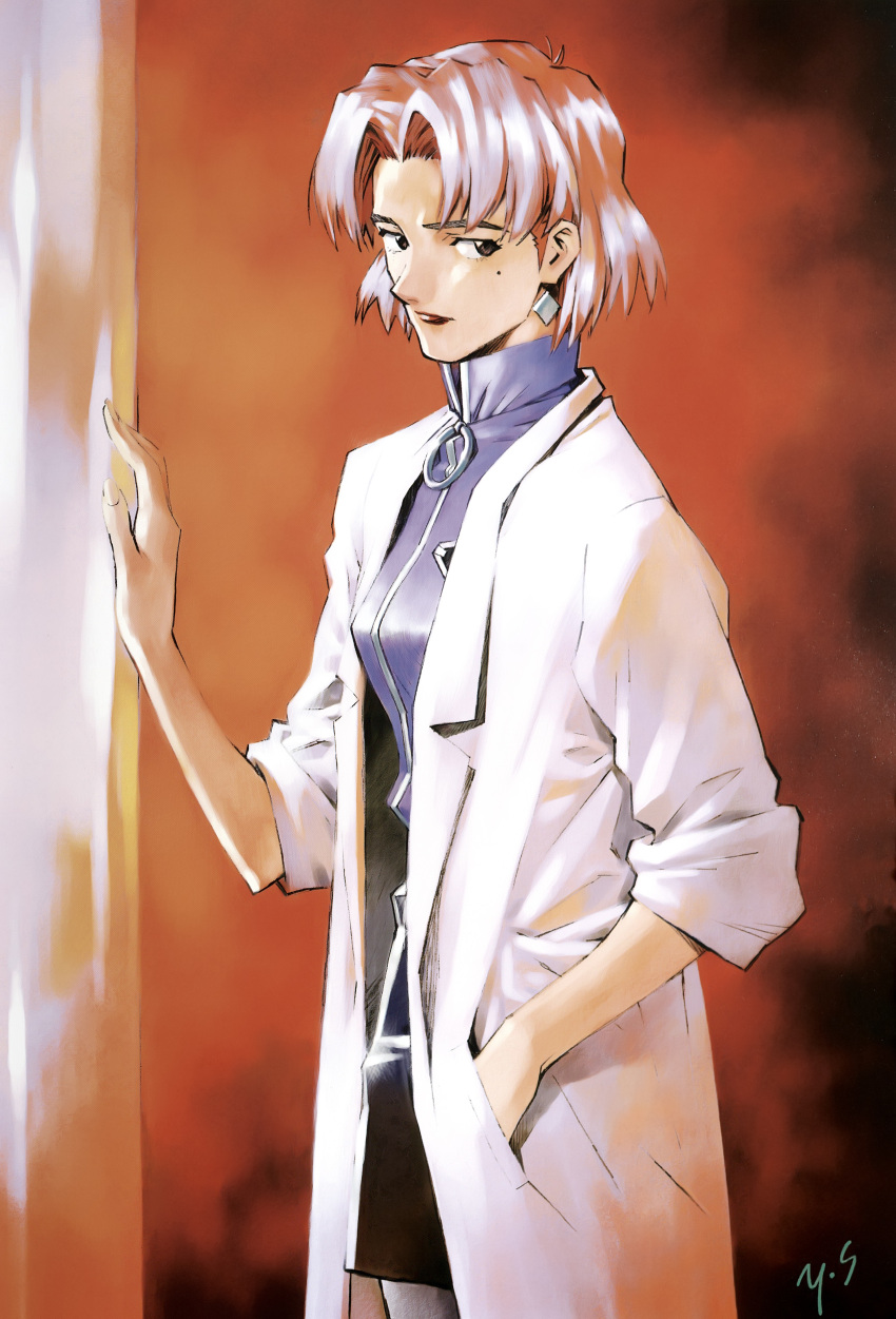 1girl absurdres akagi_ritsuko brown_eyes cowboy_shot earrings highres jewelry lab_coat looking_at_viewer mature_female mole mole_under_eye neon_genesis_evangelion official_art pantyhose red_lips sadamoto_yoshiyuki scan serious short_hair signature solo traditional_media