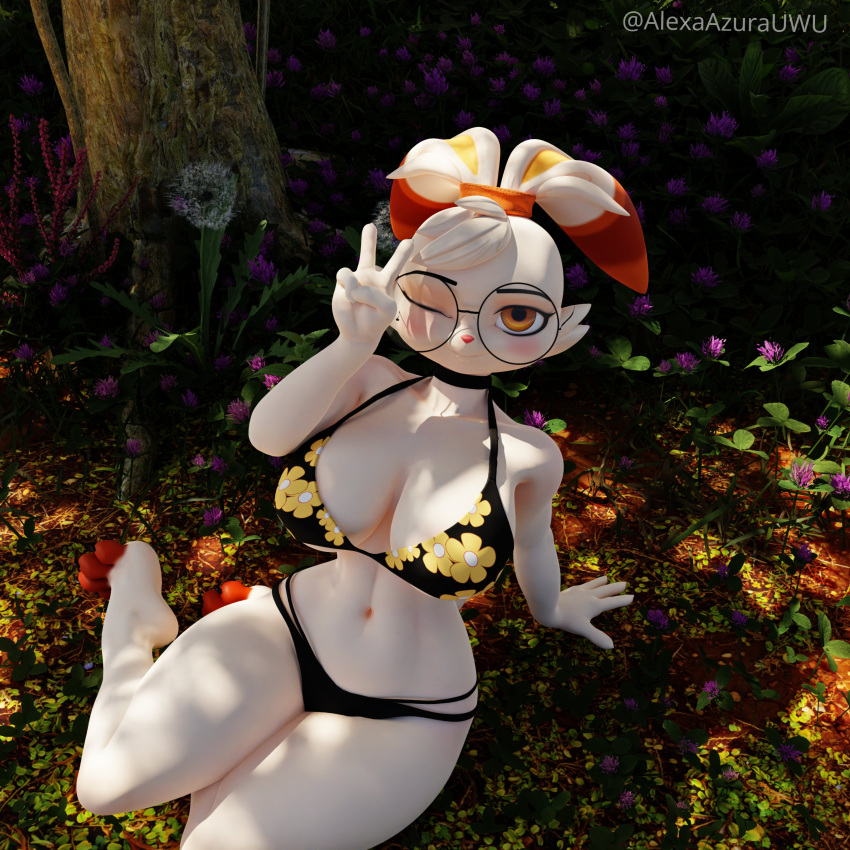 absurd_res alexaazura anthro big_breasts breasts cleavage clothed clothing eyewear female flower generation_8_pokemon gesture glasses grass hand_gesture hi_res lagomorph looking_at_viewer mammal nintendo one_eye_closed plant pokemon pokemon_(species) scorbunny scorbunny_(valorlynz) sitting smile smiling_at_viewer solo v_sign wink
