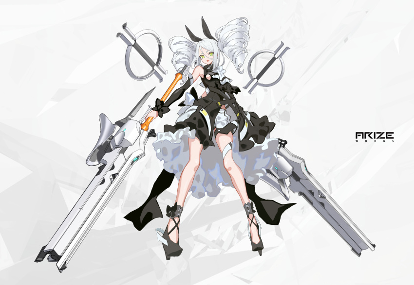 1girl cancell detached_sleeves drill_hair dual_wielding fang green_eyes high_heels highres holding holding_sword holding_weapon looking_at_viewer open_mouth original solo sword twin_drills weapon white_background white_hair