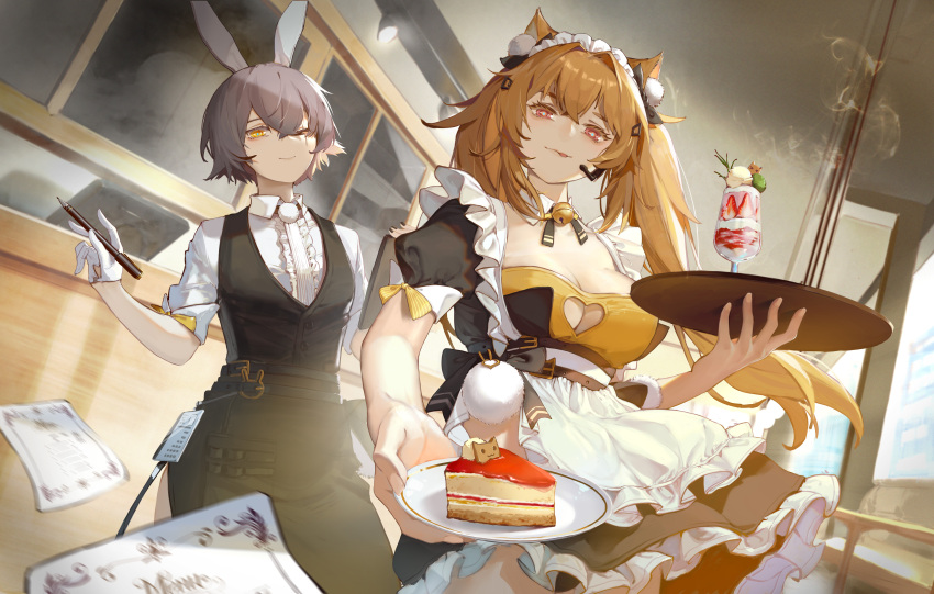 absurdres animal_ears bell black_nails breasts brown_hair cake cake_slice cat_ears dessert food girls'_frontline girls'_frontline_2:_exilium headset highres indoors large_breasts looking_at_viewer looking_down maid_headdress neck_bell rabbit_ears small_breasts smile tongue tongue_out ump45_(girls'_frontline) ump9_(girls'_frontline)