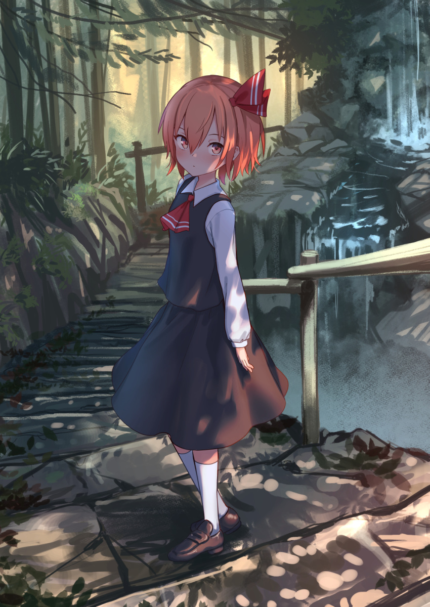 1girl ascot black_skirt black_vest blonde_hair blush brown_footwear closed_mouth collared_shirt dappled_sunlight expressionless flat_chest full_body hair_between_eyes hair_ribbon highres long_sleeves outdoors red_neckwear red_ribbon ribbon roke_(taikodon) rumia shirt short_hair skirt skirt_set solo standing sunlight touhou tree vest water waterfall white_legwear white_shirt yellow_eyes