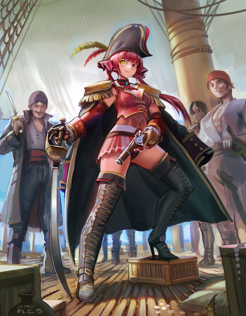 1girl 3boys absurdres antique_firearm bandana belt black_coat boots breasts cleavage coat coat_on_shoulders coin crate epaulettes facial_hair firearm firelock flintlock gun hat hat_feather heterochromia high_heel_boots high_heels highres holding holding_gun holding_sword holding_weapon hololive houshou_marine jewelry large_breasts letro looking_at_viewer mast miniskirt multiple_boys mustache necklace pearl_necklace pirate pirate_hat pirate_ship planted_sword planted_weapon pouch red_eyes red_hair saber_(weapon) ship signature skirt smile sword thigh_boots thighhighs thighs twintails virtual_youtuber watercraft weapon yellow_eyes