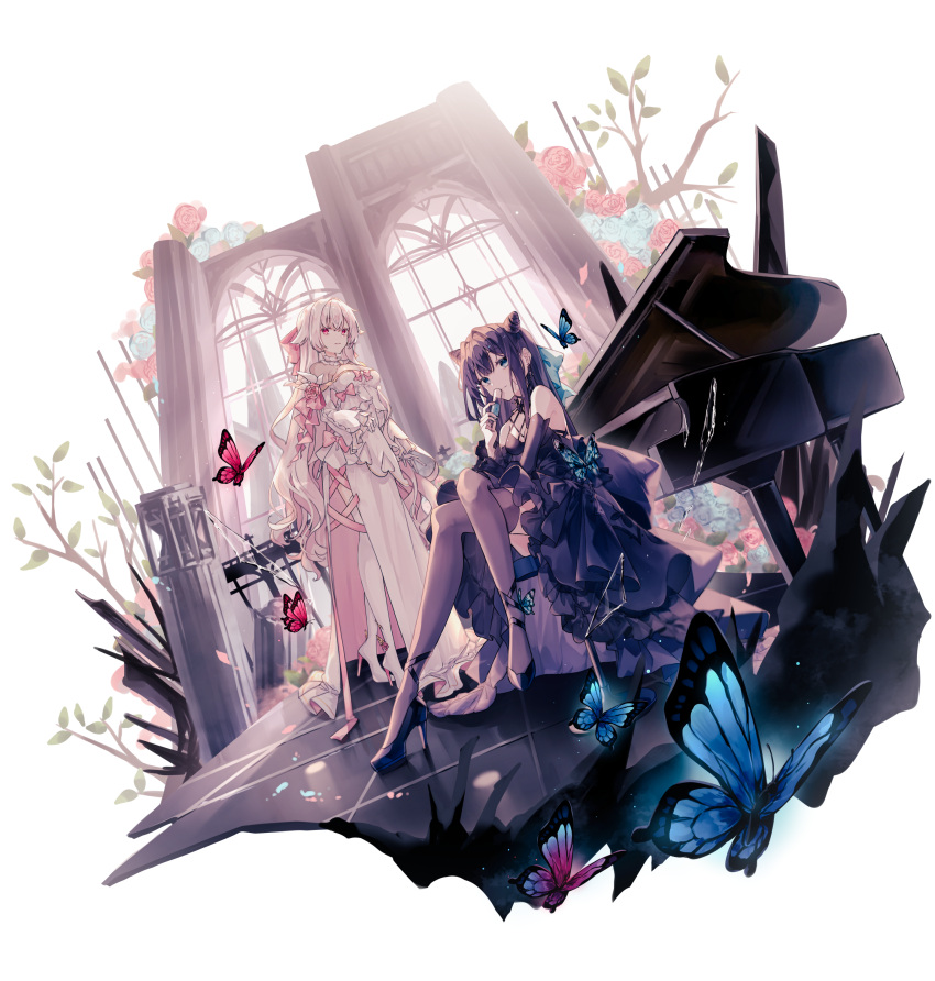 2girls absurdres arcaea backlighting bare_shoulders black_dress black_footwear black_hair black_sleeves black_thighhighs blue_bow blue_eyes blue_flower boots bow breasts bug butterfly champagne_flute cleavage cleavage_cutout clothing_cutout cone_hair_bun crossed_legs cup detached_sleeves double_bun dress drinking_glass earrings flower glass_shards hair_bow hair_bun high_heels highres hikari_(arcaea) holding holding_cup instrument jewelry leaf long_hair miyu_(miy_u1308) multiple_girls parted_lips piano pink_bow pink_flower pumps red_eyes sidelocks sitting stool sunlight tairitsu_(arcaea) thigh_boots thighhighs tile_floor tiles white_dress white_hair window