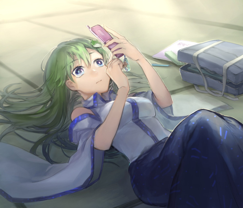 1girl bag bare_shoulders blue_eyes blue_skirt breasts cellphone closed_mouth detached_sleeves expressionless eyebrows_visible_through_hair feet_out_of_frame flip_phone green_hair highres holding holding_phone indoors knees_up kochiya_sanae looking_at_phone lying medium_breasts notebook on_back pen phone reflective_eyes school_bag shidaccc shirt skirt solo tatami touhou white_shirt wide_sleeves