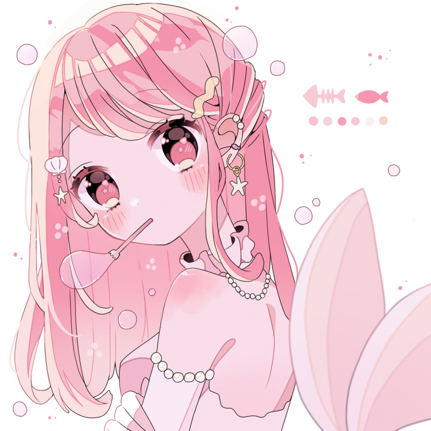 1girl blowing_bubbles blush bubble_pipe commentary detached_collar ear_piercing earrings fins fish fish_skeleton fish_tail from_side half_updo jewelry long_hair looking_at_viewer looking_back mermaid monster_girl nagihoko necklace original pearl_earrings pearl_necklace piercing pink_eyes pink_hair pink_theme starfish_earrings tail