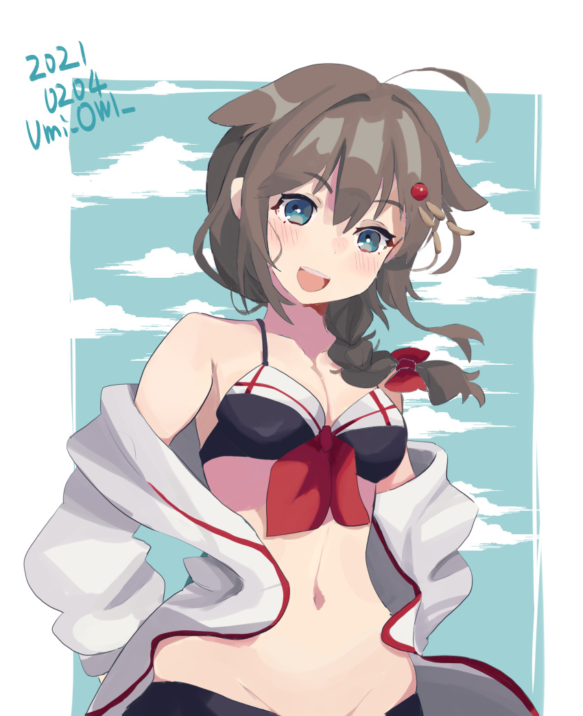 1girl absurdres adapted_costume ahoge bikini black_bikini black_hair blue_eyes braid front-tie_top groin hair_flaps hair_ornament hair_over_shoulder highres jacket kantai_collection looking_at_viewer open_clothes open_jacket open_mouth remodel_(kantai_collection) round_teeth shigure_(kantai_collection) single_braid smile solo swimsuit teeth umi_owl upper_teeth white_jacket