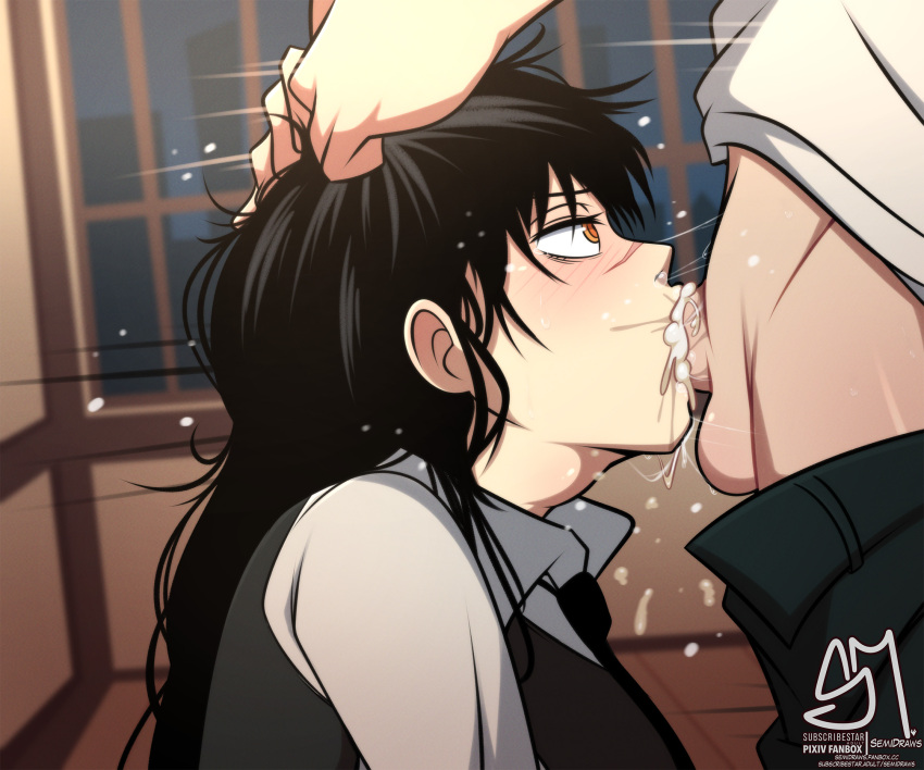 1boy 1girl artist_name black_hair blush chainsaw_man close-up collared_shirt commentary cum cum_in_mouth cum_overflow deepthroat denji_(chainsaw_man) english_commentary fanbox_username fellatio fourth_east_high_school_uniform from_side grabbing_another's_hair hands_on_another's_head head_out_of_frame hetero highres irrumatio long_hair motion_lines multicolored_hair oral orange_eyes penis penis_out ringed_eyes scar scar_on_face scar_on_nose school_uniform semi_draws shirt solo_focus subscribestar_username testicles throat_bulge two-tone_hair uncensored watermark web_address white_shirt yellow_eyes yoru_(chainsaw_man)