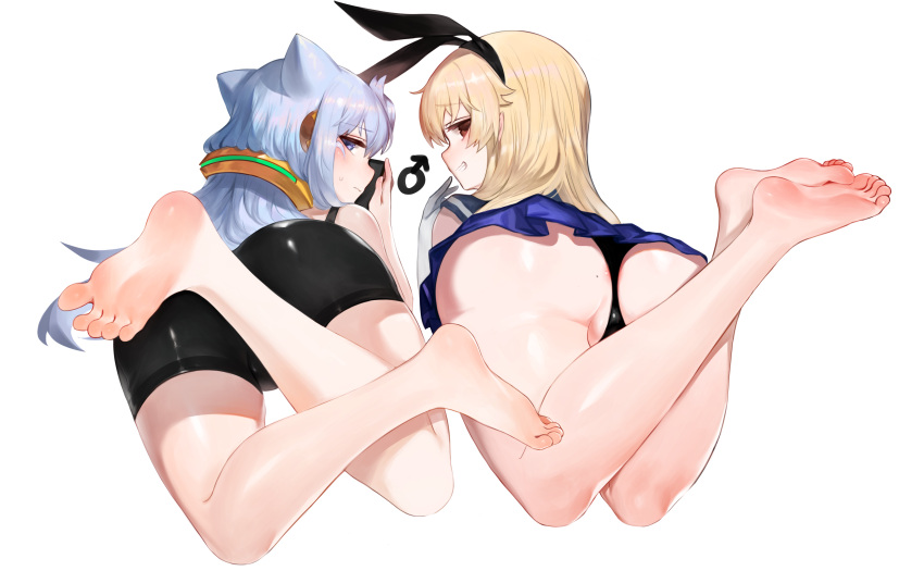 2boys absurdres ass bangs barefoot black_panties black_shorts blonde_hair blue_eyes blue_hair brown_eyes closed_mouth crossover dokomon feet hacka_doll hacka_doll_3 hairband highres kantai_collection long_hair looking_at_viewer lying male_focus mole mole_on_ass multiple_boys on_stomach otoko_no_ko panties shimakaze_(kantai_collection) shorts simple_background soles underwear white_background