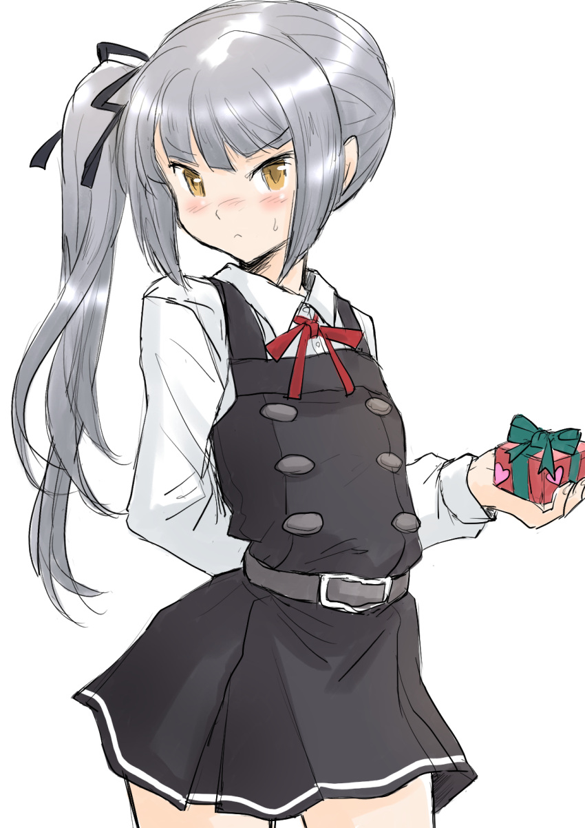 1girl arm_behind_back brown_eyes commentary_request contrapposto cowboy_shot dress fuji_(pixiv24804665) gift grey_hair highres kantai_collection kasumi_(kantai_collection) long_hair long_sleeves pinafore_dress remodel_(kantai_collection) shirt side_ponytail simple_background solo white_background white_shirt
