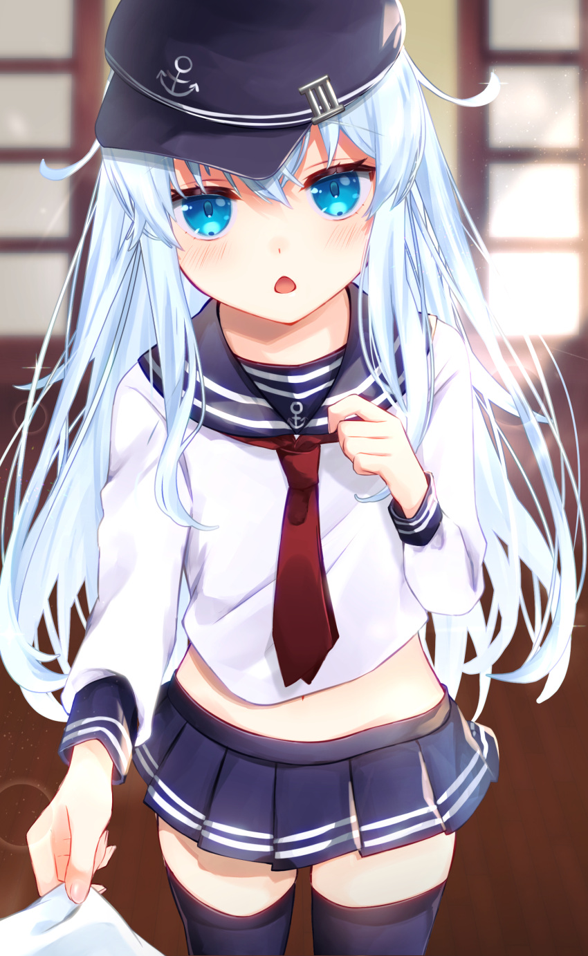 1girl :o absurdres black_legwear black_skirt blue_eyes blurry blurry_background blush chestnut_mouth commentary_request cowboy_shot eyebrows_visible_through_hair hair_between_eyes hand_up hibiki_(kantai_collection) highres indoors kantai_collection lens_flare long_hair looking_at_viewer midriff miniskirt navel necktie pleated_skirt pov red_neckwear sailor_collar sailor_shirt shiro_hebi_rei shirt silver_hair skirt solo_focus standing thighhighs very_long_hair white_shirt