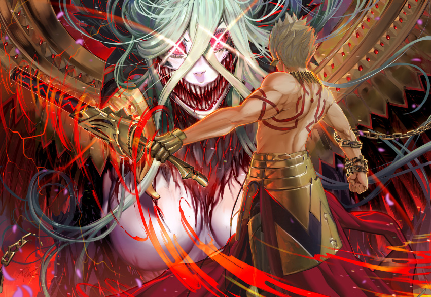 1boy 1girl absurdres arm_at_side arm_tattoo armor back back_tattoo bangs bare_back battle big_mouth blonde_hair blood blood_from_mouth blood_on_breasts blood_on_face bloody_teeth breasts broken broken_chain cape chain chained cleavage clenched_hand commentary confrontation crossed_bangs duel ea_(fate/stay_night) earrings electricity energy english_commentary eyebrows_behind_hair eyelashes fate/grand_order fate_(series) faulds from_behind gauntlets gem giant giantess gilgamesh glowing glowing_eyes gold gold_armor highres holding holding_sword holding_weapon horns horror_(theme) huge_filesize jewelry large_breasts light_green_hair long_bangs long_hair mixed_gender_duel monster muscular muscular_male necklace no_nipples nose open_mouth outstretched_arm petra-ii red_cape red_eyes scales sharp_teeth shoulder_tattoo signature spiked_hair sword symbol-shaped_pupils tattoo teeth tiamat_(fate) very_long_hair waist_cape weapon wings x_x