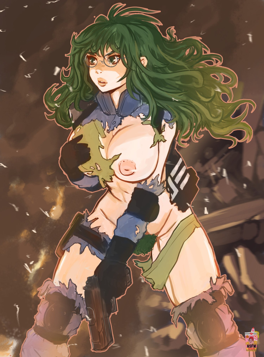 1girl bandaid bandaid_on_face breasts covering covering_breasts glasses green_eyes green_hair gun handgun highres inverted_nipples large_breasts messy_hair noodles_fw pubic_hair self_upload tessou_tsuzuri toaru_kagaku_no_railgun toaru_majutsu_no_index torn_clothes weapon