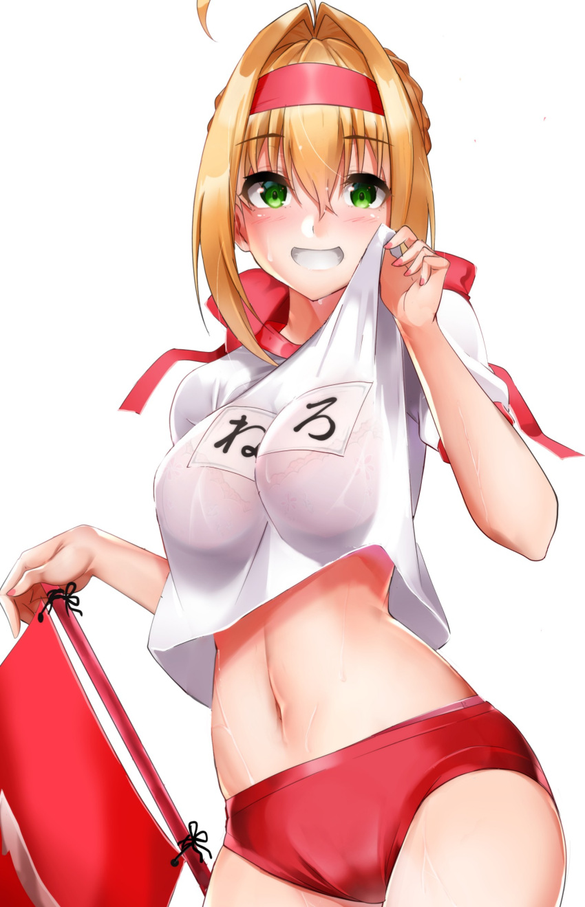 1girl ahoge bangs blonde_hair blush braid breasts buruma fate/extra fate/grand_order fate_(series) french_braid green_eyes gym_shirt hair_between_eyes hair_bun hair_intakes headband highres large_breasts long_hair looking_at_viewer name_tag nero_claudius_(fate) nero_claudius_(fate)_(all) olympian_bloomers red_buruma red_headband sezoku shirt simple_background smile