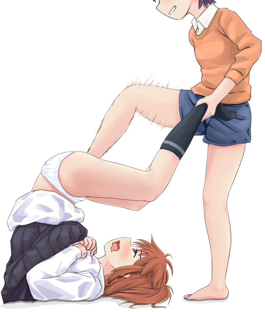 2girls asagiri barefoot black_legwear blue_eyes blush brown_hair commentary faceless faceless_female feet female_footjob footjob grin highres koshigaya_natsumi medium_hair miyauchi_hikage motion_lines multiple_girls no_shoes non_non_biyori open_mouth orange_shirt panties purple_hair shirt short_hair shorts simple_background skirt smile socks stepped_on torogao underwear wavy_mouth white_background white_panties yuri