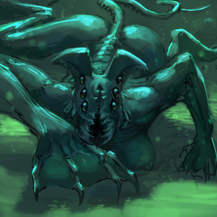 1:1 6_eyes anthro big_breasts breasts female feral flippers green_body green_eyes hi_res looking_at_viewer mandibles marine meandraco monster multi_eye nipples nude open_mouth solo water