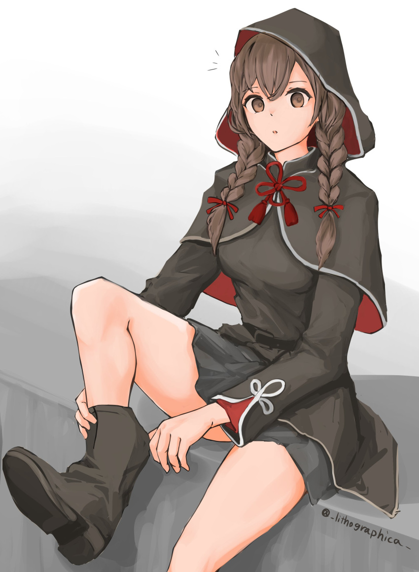 1girl absurdres adjusting_footwear bangs black_skirt boots braid breasts brown_eyes brown_footwear brown_hair capelet eyebrows_visible_through_hair hair_ribbon highres hood hood_up hooded_capelet kantai_collection lithographica long_hair long_sleeves notice_lines open_mouth ribbon shinshuu_maru_(kantai_collection) simple_background sitting skirt solo twin_braids twitter_username