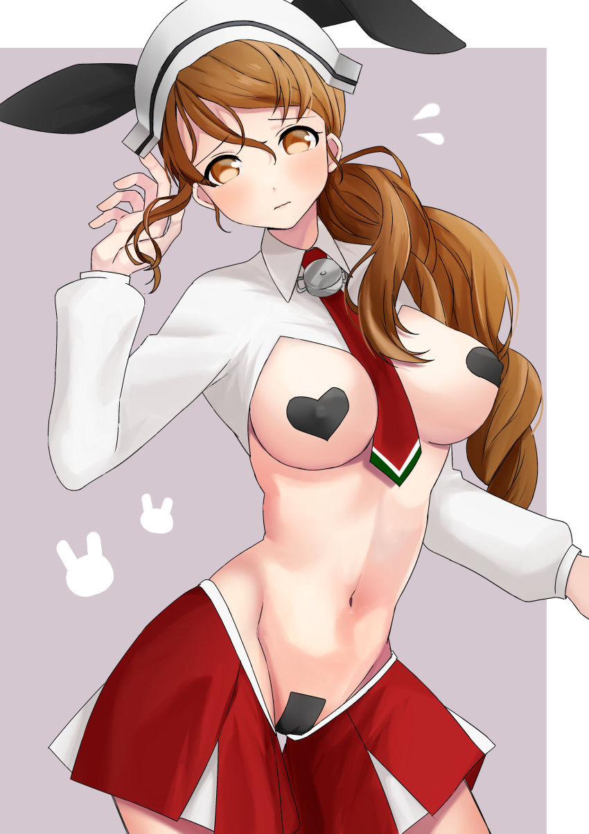 1girl absurdres adapted_costume animal_ears blush brown_eyes brown_hair bunny_ears closed_mouth cowboy_shot eyebrows_visible_through_hair fake_animal_ears groin heart_pasties highres kantai_collection littorio_(kantai_collection) long_hair long_sleeves meme_attire navel necktie pasties pleated_skirt ponytail red_neckwear red_skirt reverse_bunnysuit reverse_outfit signature skirt toriniku_senshi_chikinman two-tone_background wavy_hair