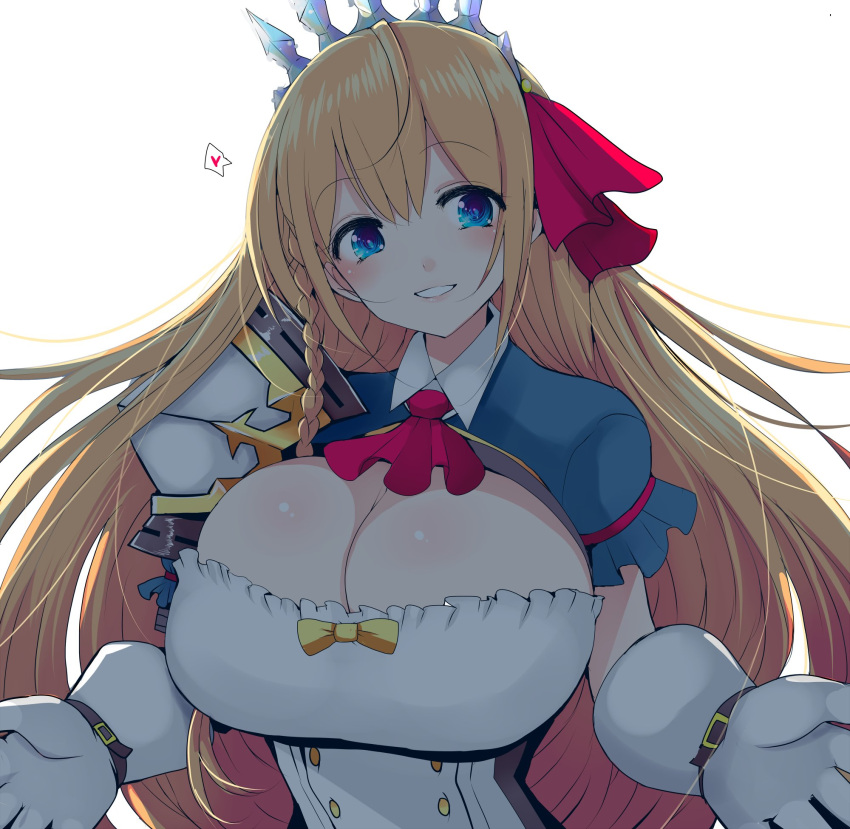 1girl big_hair blue_eyes blush braid breasts buttons cleavage corset eyebrows_visible_through_hair french_braid gloves grin han_(jackpot) highres huge_breasts long_hair looking_at_viewer orange_hair pecorine_(princess_connect!) princess_connect! princess_connect!_re:dive red_neckwear shoulder_plates simple_background smile solo tiara white_background white_gloves