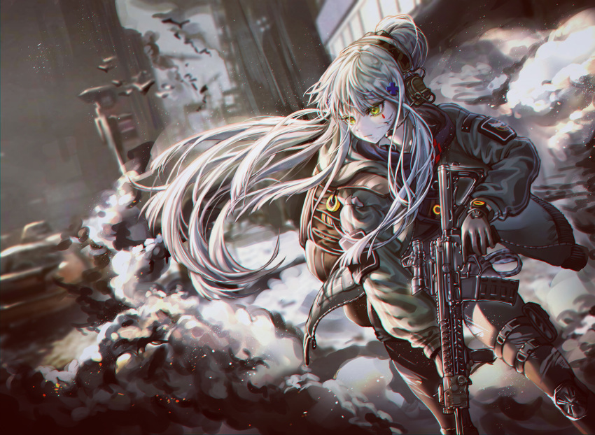 1girl absurdres agent_416_(girls_frontline) assault_rifle backpack bag black_gloves blurry building car cinders city cityscape coat depth_of_field dutch_angle girls_frontline gloves green_coat grey_sky ground_vehicle gun h&amp;k_hk416 hair_bun headset highres hk416_(girls_frontline) holding holding_gun holding_weapon ind_(121) lamppost long_hair motor_vehicle patches rifle sidelocks smoke solo tactical_clothes tom_clancy's_the_division trigger_discipline very_long_hair weapon white_hair yellow_eyes
