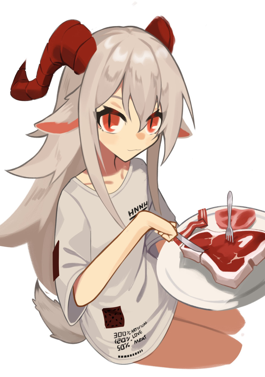 1girl absurdres animal_ears bacon bangs borrowed_character cutting food ghost_(tama) grey_hair grey_shirt hair_between_eyes highres horns long_hair looking_at_viewer no_pants original shirt smile solo steak t-shirt tail very_long_hair white_background