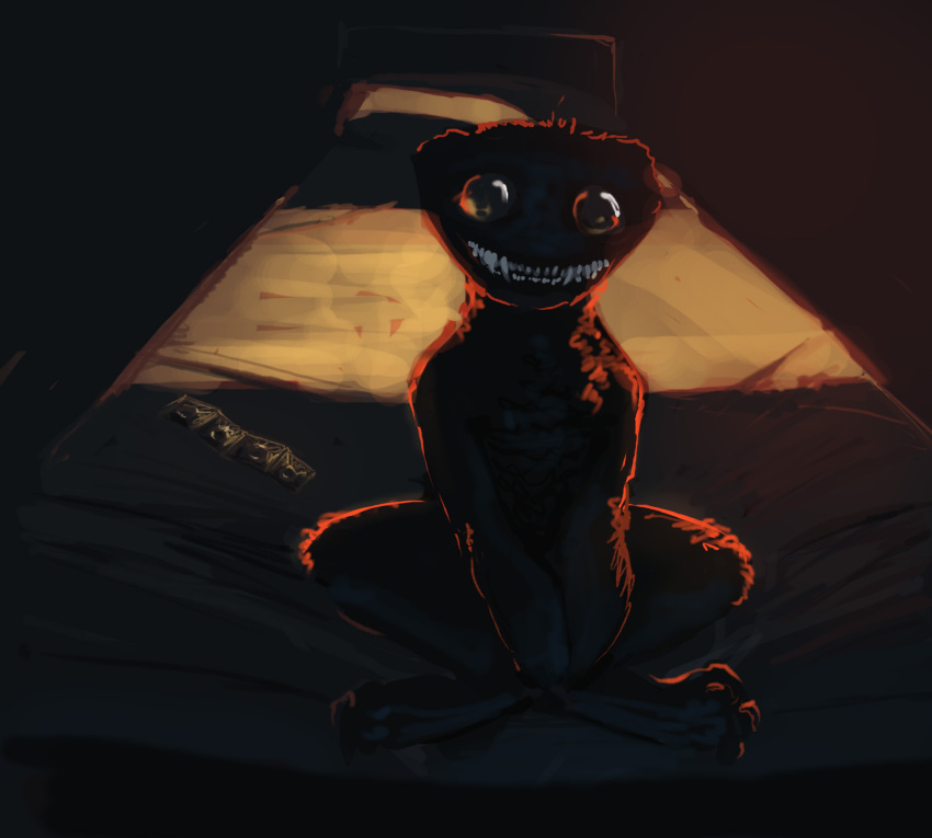 ambiguous_gender anthro bed big_eyes condom feet feral fur furniture happy hi_res looking_at_viewer meandraco monster monster_under_your_bed nightmare_fuel nude on_bed sexual_barrier_device sharp_teeth solo teeth teeth_showing teratophilia