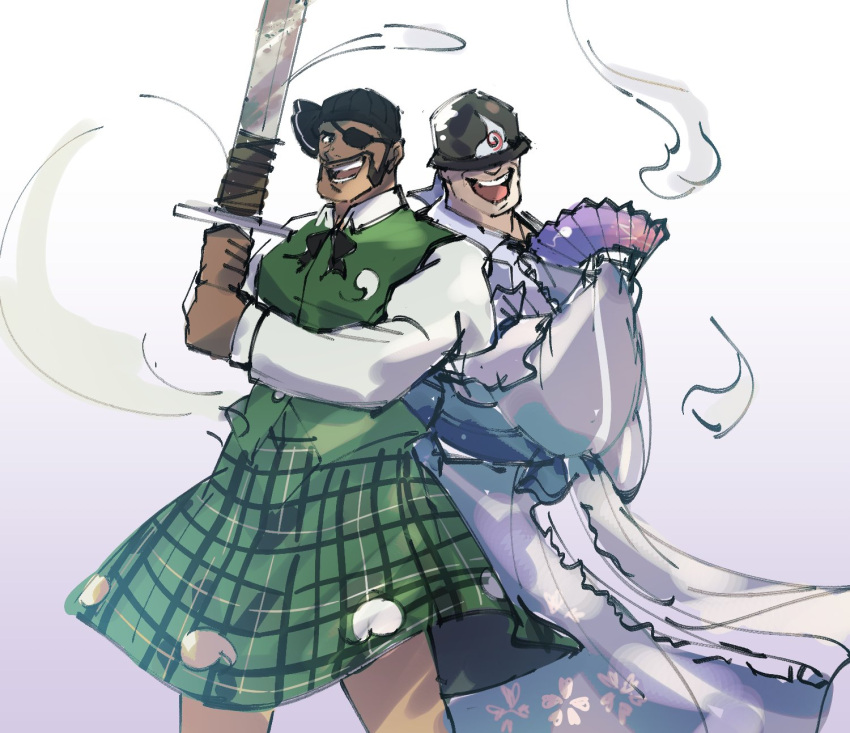 2boys :d beanie black_headwear collared_shirt commentary cosplay crossdressing dark_skin dark_skinned_male english_commentary eyepatch facial_hair fan floral_print folding_fan gradient gradient_background green_skirt green_vest grey_kimono hat hat_over_eyes highres hitodama_print holding holding_sword holding_weapon ina_zuma japanese_clothes juliet_sleeves kimono konpaku_youmu konpaku_youmu_(cosplay) konpaku_youmu_(ghost) long_sleeves looking_at_viewer male_focus multiple_boys mustache obi open_mouth print_kimono puffy_sleeves purple_background saigyouji_yuyuko saigyouji_yuyuko_(cosplay) sash shirt skirt sleeves_past_fingers sleeves_past_wrists smile standing sword team_fortress_2 the_demoman the_soldier touhou triangular_headpiece two-handed upper_teeth vest weapon white_background white_shirt wide_sleeves