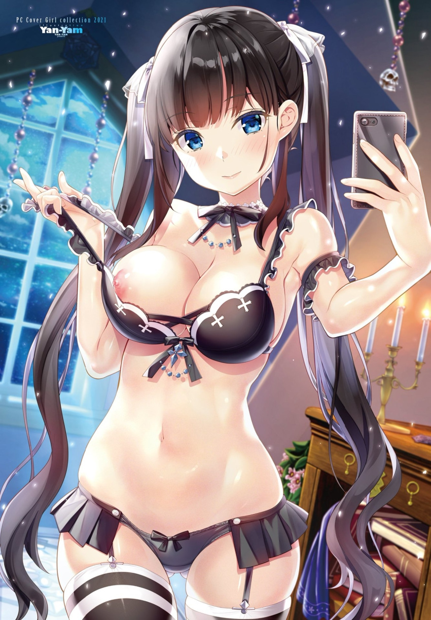 1girl arm_garter bangs bare_shoulders black_bra black_hair black_panties black_ribbon blue_eyes blush book bow bow_panties bra breasts candle candlestand cellphone cleavage cloud comic_penguin_club cowboy_shot desk detached_collar eyebrows_visible_through_hair fire frilled_panties frills garter_belt hair_ribbon head_tilt highres holding holding_phone leg_garter long_hair medium_breasts navel nipples original panties phone plant puffy_nipples ribbon shiny shiny_skin sky solo standing striped striped_legwear thighhighs twintails underwear very_long_hair white_ribbon window yan-yam