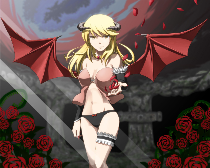 1girl bangs bat_wings black_panties black_sleeves blonde_hair breasts brown_eyes closed_mouth commentary_request cowboy_shot demon_girl demon_wings detached_sleeves eyebrows_visible_through_hair fingernails flower fur-trimmed_sleeves fur_trim holding holding_petal horns long_hair looking_at_viewer medium_breasts natsuya_(kuttuki) panties petals ragnarok_online rose ruins sharp_fingernails smile solo standing succubus succubus_(ragnarok_online) thigh_strap underwear wings