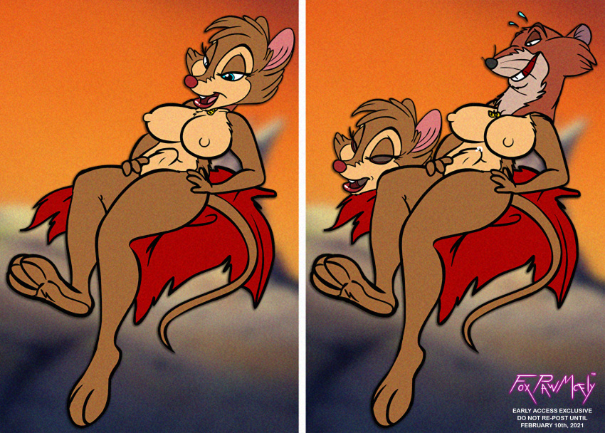 anthro bodily_fluids breasts bulge clothed clothing crossdressing don_bluth english_text foxpawmcfly fursuiting hi_res justin_(nimh) male mammal mouse mrs._brisby murid murine rat rodent solo sweat sweatdrop text the_secret_of_nimh zipper