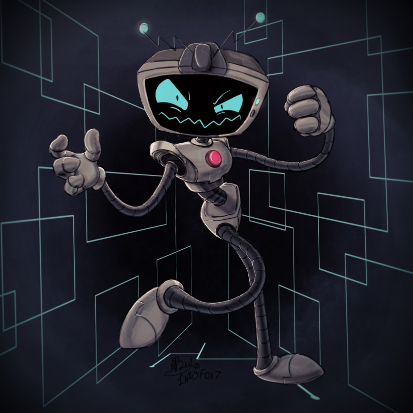 1:1 2020 abstract_background ambiguous_gender antenna_wire black_background black_eyes blue_sclera dilated_pupils fist five_nights_at_freddy's for_a_head freddy_in_space_2 green_background grey_body hi_res inkart_flow l.o.l.z.h.a.x looking_at_viewer machine metal metallic metallic_body monitor narrowed_eyes not_furry object_head pose raised_arm robot screen screen_face screen_head simple_background smile solo squint standing television toony tv_head video_games wavy_mouth