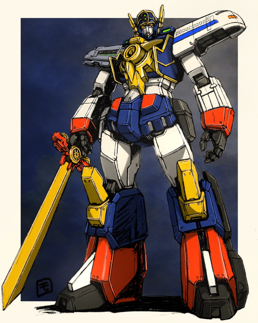 highres holding holding_sword holding_weapon looking_to_the_side looking_up mecha might_gaine moyan no_humans open_hand procreate_(medium) science_fiction solo standing super_robot sword weapon yuusha_series yuusha_tokkyuu_might_gaine