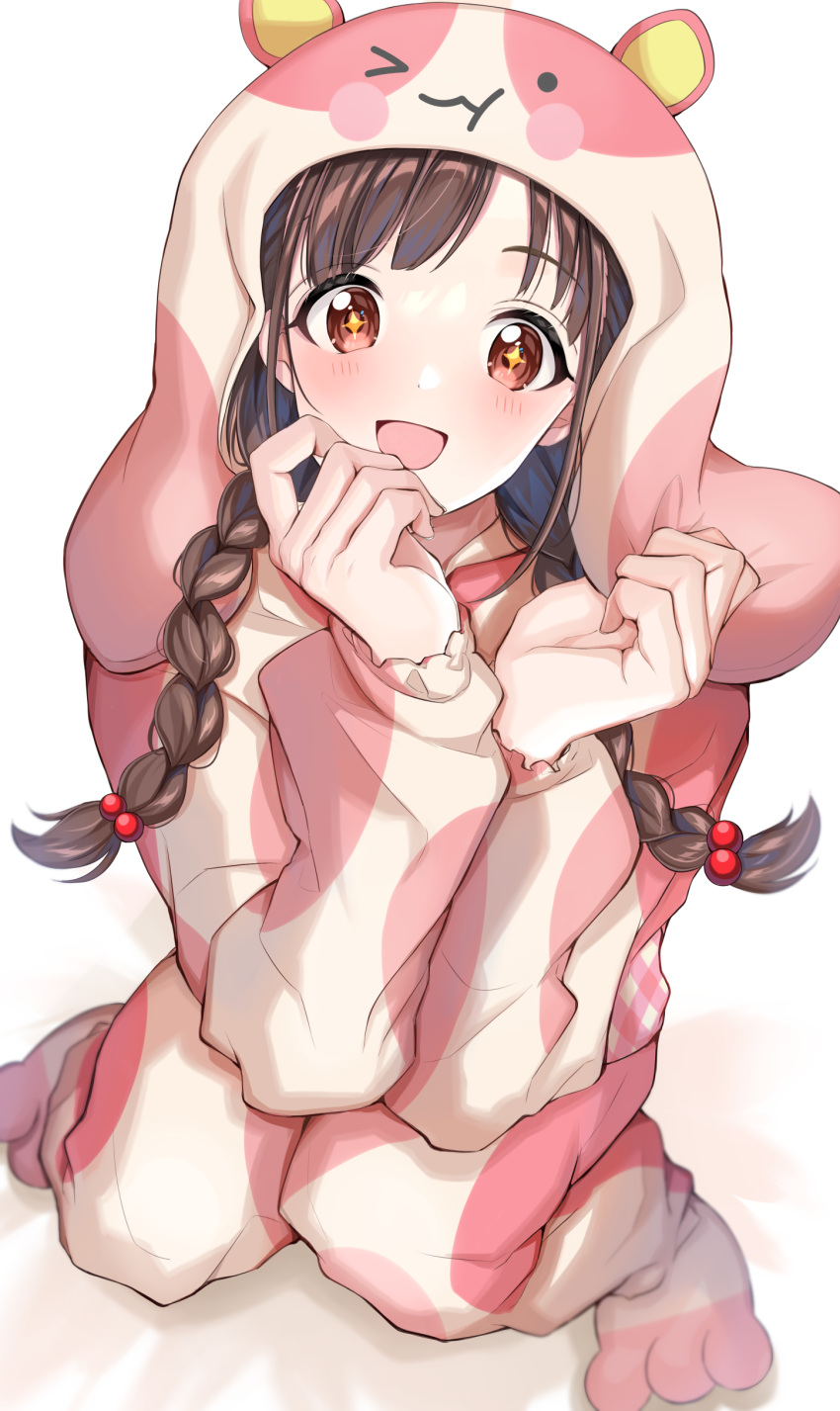 +_+ 1girl :d absurdres animal_costume animal_ears animal_hood bangs blush braid brown_eyes brown_hair commentary_request eyebrows_visible_through_hair fake_animal_ears hands_up highres hood hood_up idolmaster idolmaster_shiny_colors long_hair long_sleeves looking_at_viewer open_mouth puffy_long_sleeves puffy_sleeves satoimo_chika smile solo sonoda_chiyoko twin_braids white_background