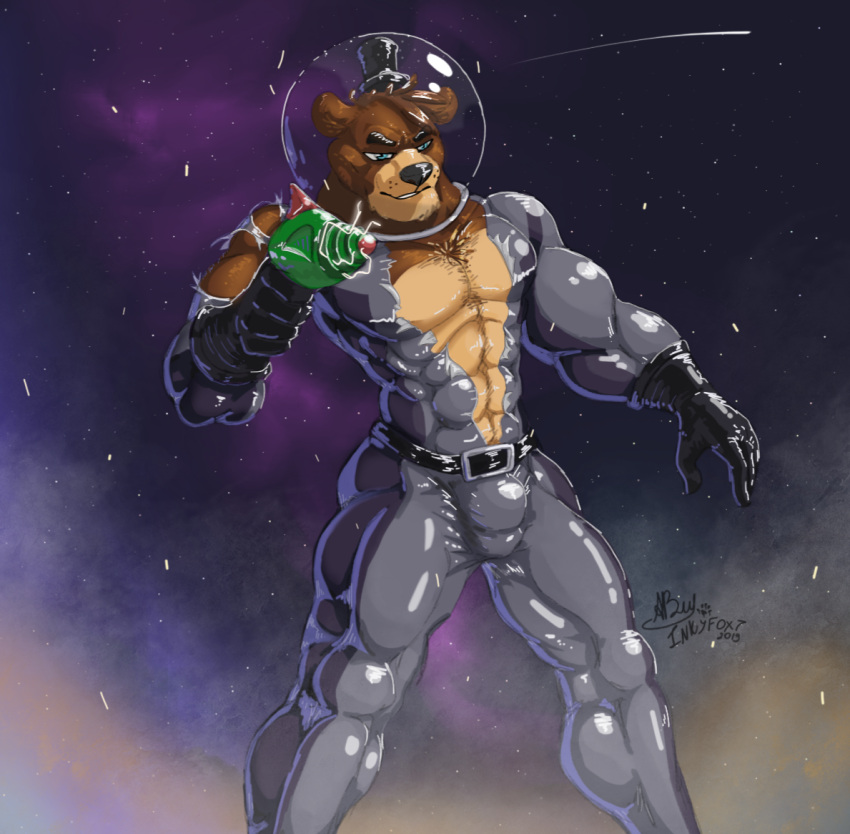 2019 abs angry anthro armor barazoku belt biceps blue_eyes body_hair brown_body brown_fur bulge chest_hair clothed clothing exposed_chest five_nights_at_freddy's freddy_(fnaf) freddy_in_space_2 fur gloves gun handwear hat headgear headwear helmet inkart_flow male mammal manly multicolored_body muscular narrowed_eyes pecs raised_arm ranged_weapon round_ears rubber rubber_suit shooting_star solo space space_helmet spacesuit squint standing star tan_body tan_skin teeth thick_thighs tight_clothing top_hat torn_clothing torn_spacesuit triceps ursid video_games weapon
