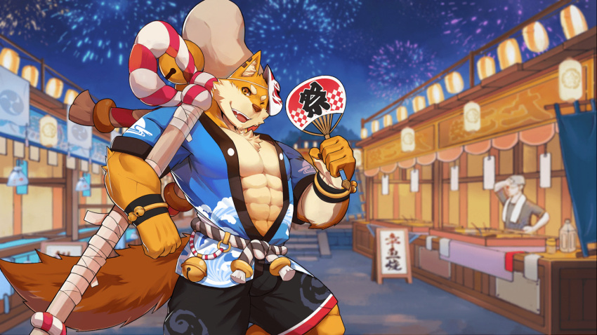 1boy abs animal_ears artist_request bara bare_pecs beige_fur black_shorts bone bulge chang_(gyee) cowboy_shot denim dog_boy dog_ears dog_tail fan festival furry gyee happi highres huge_weapon japanese_clothes jeans kimono large_pectorals male_cleavage male_focus muscular muscular_male navel official_alternate_costume official_art open_clothes open_kimono orange_eyes orange_fur pants paper_fan short_hair shorts solo stomach tail two-tone_fur weapon