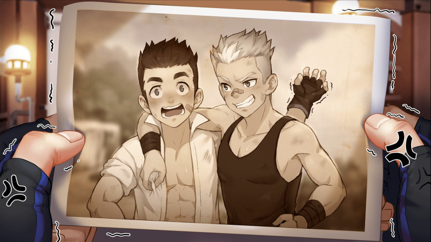2boys arm_around_shoulder artist_request black_tank_top blush child eddie_(gyee) gyee highres holding male_focus miles_(gyee) multiple_boys official_art open_clothes open_shirt photo_(object) short_hair smile spiked_hair tank_top toned toned_male upper_body