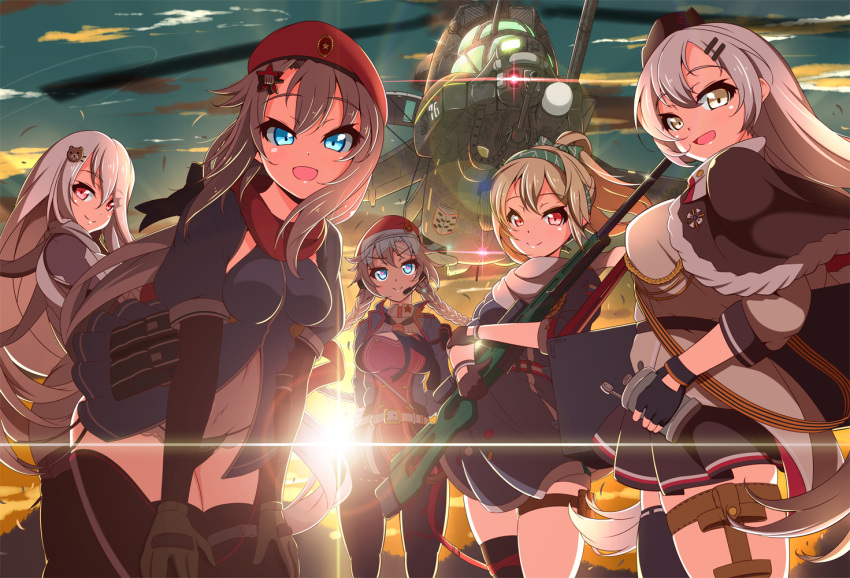 5girls 9a-91_(girls_frontline) aircraft beret blue_eyes braid cowboy_shot fingerless_gloves girls_frontline gloves gun hair_ornament hairclip hands_on_thighs hat headset helicopter holding holding_gun holding_weapon leggings long_hair looking_at_viewer mi-24 military military_uniform mismatched_legwear multiple_girls open_mouth ots-12_(girls_frontline) panties pk_(girls_frontline) ponytail red_eyes rifle sayossa_(pak-front) side-tie_panties silver_hair skindentation sniper_rifle star_(symbol) star_hair_ornament sunset sv-98 sv-98_(girls_frontline) svd_(girls_frontline) thighhighs underwear uniform very_long_hair weapon