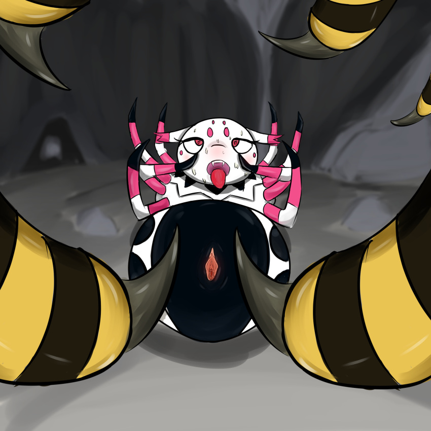 1:1 8_eyes 8_legs ahegao arachnid arthropod arthropod_abdomen arthropod_abdomen_genitalia arthropod_abdomen_pussy bodily_fluids cum cum_inside female feral genital_fluids genitals group hi_res koteykomya kumo_desu_ga_nani_ka? kumoko looking_pleasured male male/female multi_eye nude open_mouth pussy sex simple_background spider spikes