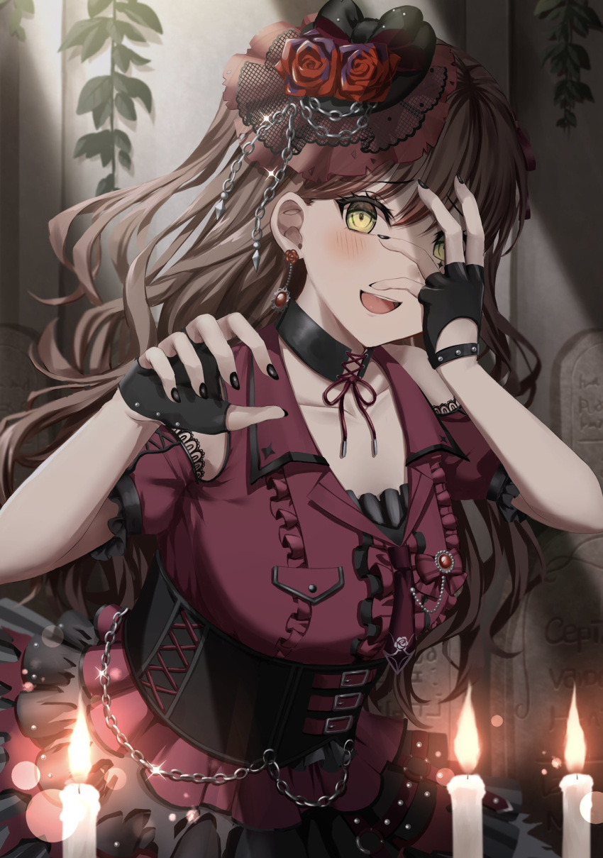 1girl :d arm_cuffs arms_up bang_dream! belt black_choker black_gloves black_headwear black_nails brown_hair candle chain chain_belt choker commentary corset covering_one_eye crazy crazy_eyes dress earrings eyelashes fingerless_gloves flower gloves hand_over_eye hat hat_chain highres imai_lisa indoors ivy jewelry lace-trimmed_dress lace-trimmed_headwear lace_trim lens_flare long_hair looking_at_viewer mia_(fai1510) nail_polish open_mouth pocket red_dress red_flower red_rose rose sleeveless sleeveless_dress smile solo tombstone top_hat upper_body upper_teeth yellow_eyes