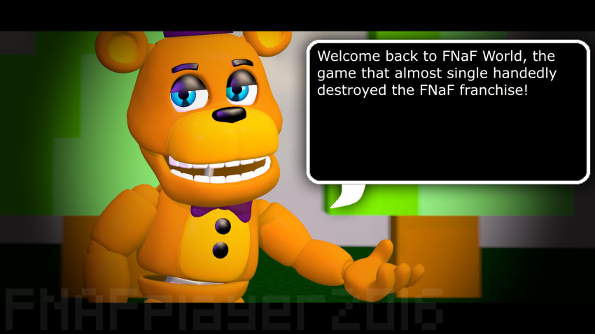 16:9 3d_(artwork) 8-bit adventure_fredbear_(fnaf) animatronic anthro blue_eyes bow_tie clothing dialogue dialogue_box digital_media_(artwork) english_text five_nights_at_freddy's five_nights_at_freddy's_world fnafplayer1983 forest glistening glistening_eyes grass half-closed_eyes hat headgear headwear hi_res humor looking_at_viewer machine male mammal multicolored_body narrowed_eyes open_mouth orange_body plant robot round_ears smile smug solo standing talking_to_viewer teeth text the_truth top_hat tree ursid video_games widescreen yellow_body