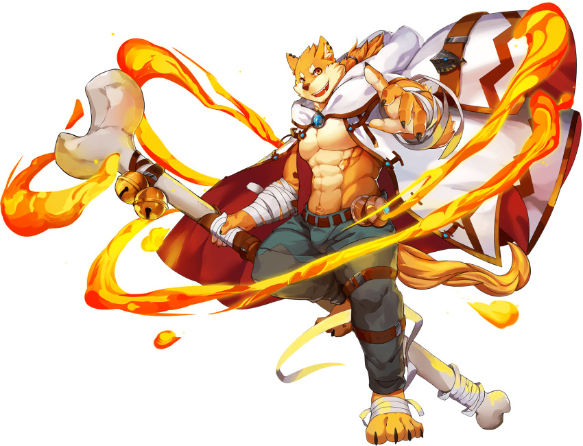 1boy abs animal_ears artist_request bara bare_pecs beige_fur bone bulge cape chang_(gyee) denim dog_boy dog_ears full_body furry gyee highres huge_weapon jeans large_pectorals male_cleavage male_focus muscular muscular_male navel navel_hair official_art orange_eyes orange_fur pants short_hair solo stomach thick_thighs thighs two-tone_fur weapon white_cape