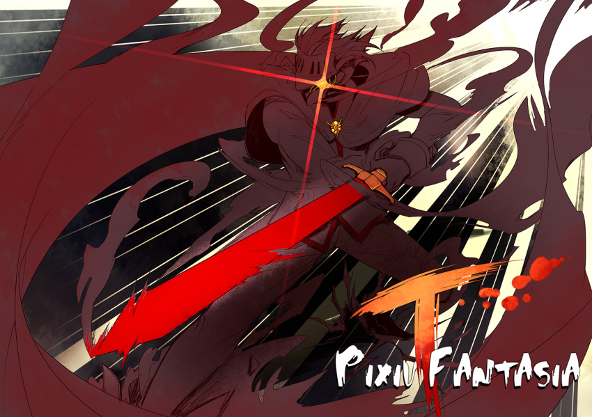 1boy cape copyright_name diffraction_spikes emphasis_lines holding holding_sword holding_weapon knight male_focus pixiv_fantasia pixiv_fantasia_t realmbw smoke solo speed_lines sword weapon yellow_eyes