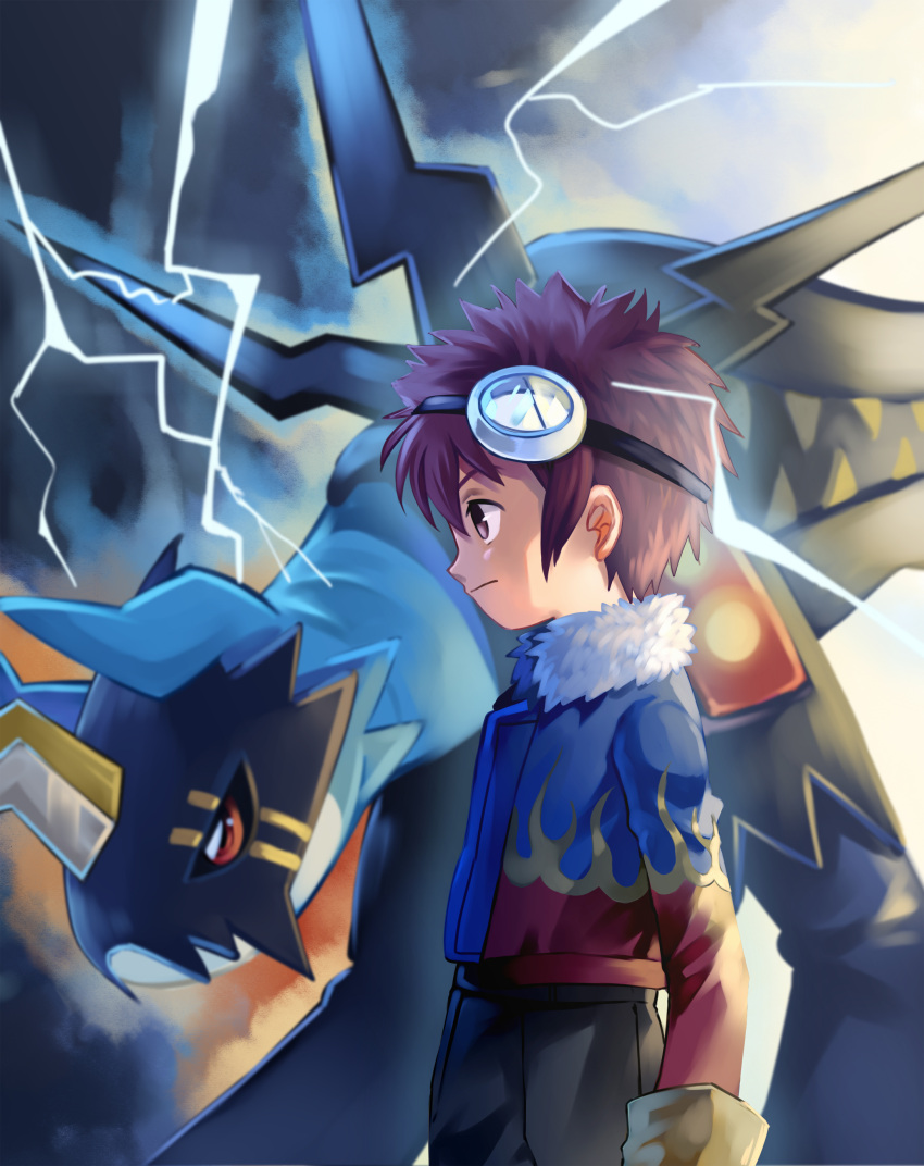1boy absurdres aokiku bangs black_pants blue_jacket blue_skin brown_hair closed_mouth colored_skin commentary_request digimon digimon_x-evolution electricity from_side frown fur-trimmed_jacket fur_trim gloves goggles goggles_on_head highres jacket lighdramon long_sleeves male_focus motomiya_daisuke pants profile red_jacket short_hair spiked_hair two-tone_jacket