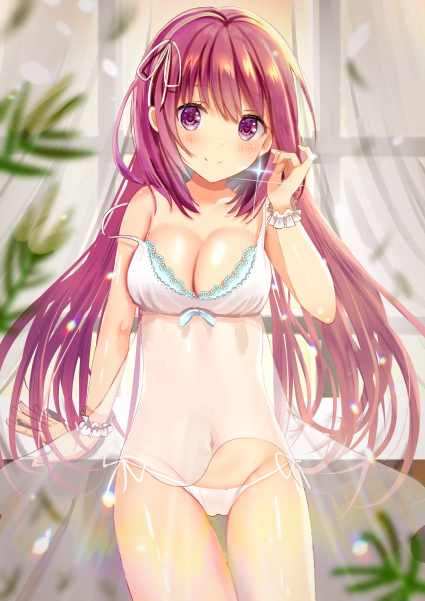 1girl absurdres atsuneko5 bangs bare_legs bare_shoulders blush bow breasts closed_mouth hair_ornament hair_ribbon highres implied_pantyshot long_hair looking_at_viewer medium_breasts navel original panties panty_peek pantyshot purple_eyes red_hair ribbon simple_background smile solo standing thighhighs underwear white_panties white_ribbon