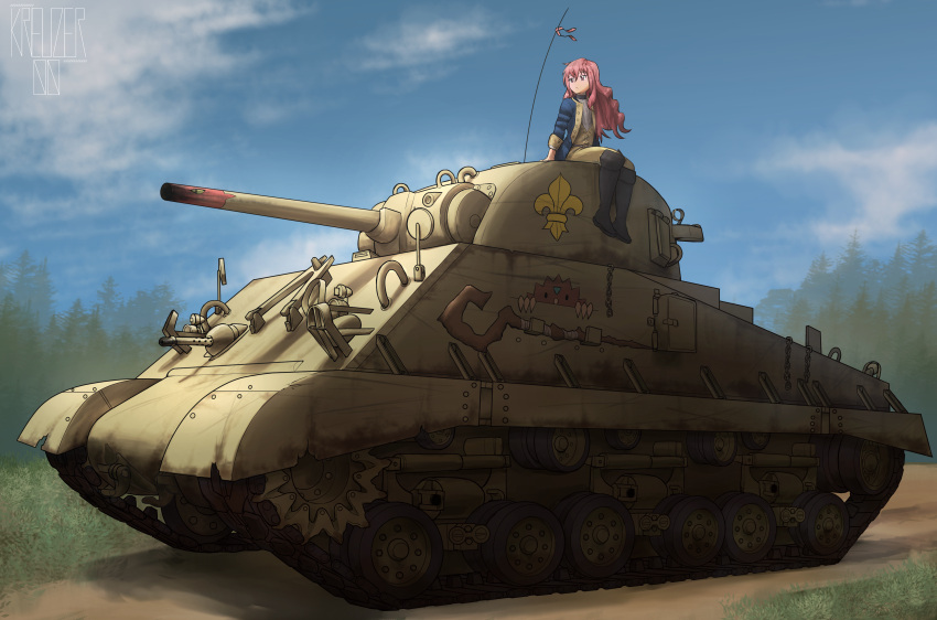1girl absurdres artist_logo artist_name black_footwear boots cloud commission day dirt_road fanfic fleur_de_lis grass ground_vehicle highres kreuzer_00 looking_to_the_side louise_francoise_le_blanc_de_la_valliere m4_sherman military military_vehicle motor_vehicle pine_tree pink_hair road second-party_source sitting solo staff tank tree zero_no_tsukaima