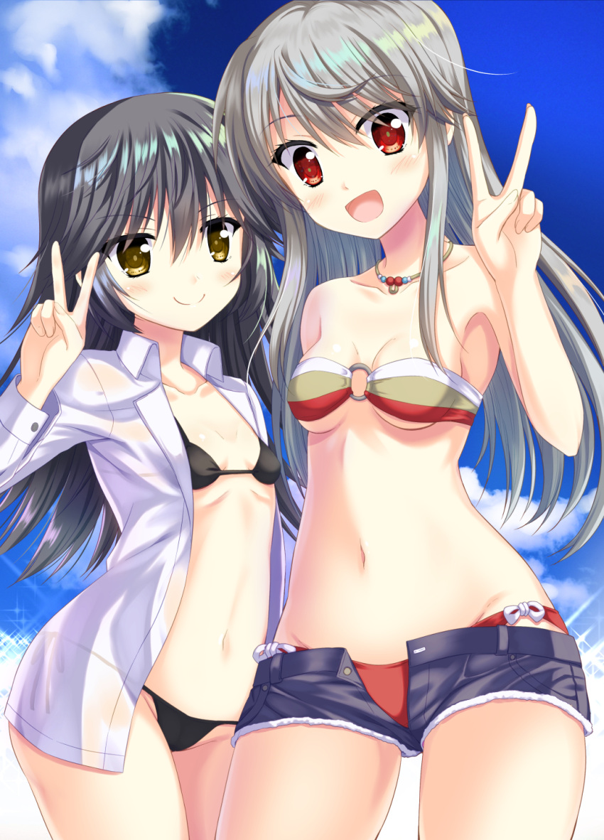 2girls alice_gear_aegis bangs bead_necklace beads bikini bikini_under_clothes black_bikini black_hair blue_shorts blue_sky blush breasts brown_eyes closed_mouth cloud cloudy_sky commentary_request cutoffs day denim denim_shorts dress_shirt endori eyebrows_visible_through_hair grey_eyes highres jewelry jinguuji_mari long_hair long_sleeves looking_at_viewer multiple_girls navel necklace no_pants o-ring o-ring_bikini open_clothes open_fly open_mouth open_shirt outdoors red_bikini red_eyes shinonome_chie shirt shorts side-by-side sky small_breasts smile standing strapless strapless_bikini swimsuit v white_shirt wing_collar