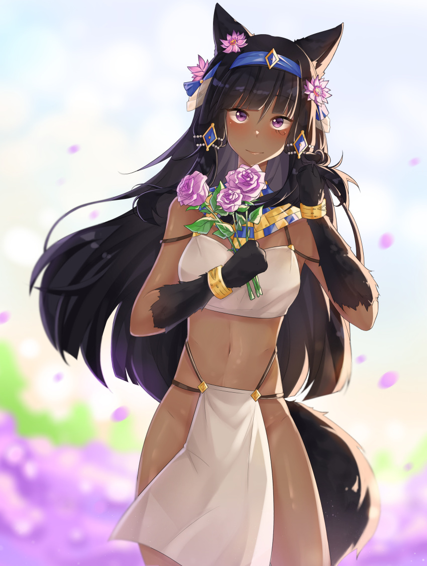 1girl absurdres animal_ears ankarama_(nox15499866) anubis_(monster_girl_encyclopedia) black_fur black_tail blue_hairband blush borrowed_character bracelet breasts commentary commission dark_skin dark_skinned_female day egyptian english_commentary eye_of_horus facial_tattoo flower hair_flower hair_ornament hair_twirling hairband highres holding holding_flower jackal_ears jewelry loincloth long_hair looking_at_viewer medium_breasts monster_girl_encyclopedia nose_blush playing_with_own_hair purple_eyes second-party_source sidelighting solo standing tattoo via.31